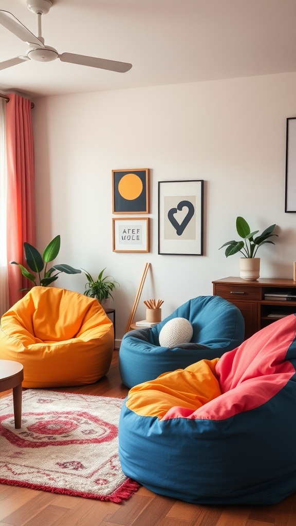 A cozy living room featuring colorful bean bag chairs in orange and blue, complemented by plants and modern art on the walls.