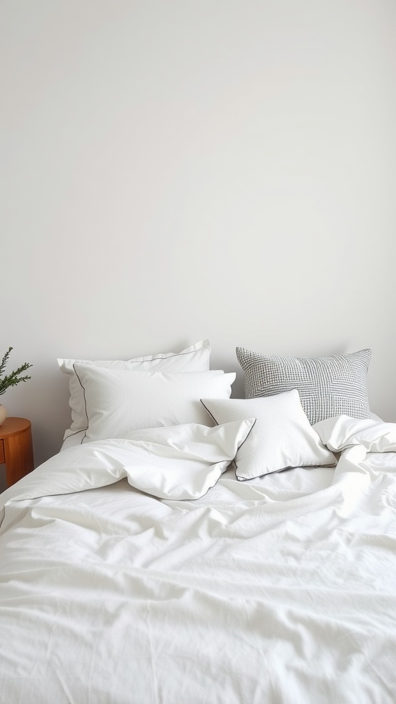 Minimalist bedroom with white bedding and patterned decorative pillows