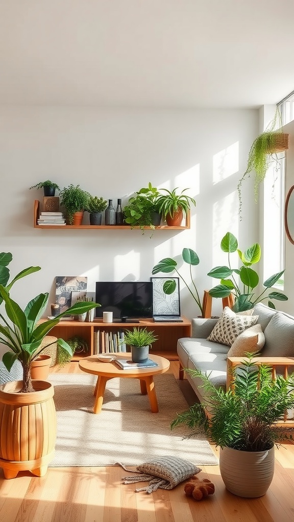 A cozy living room filled with plants, natural furniture, and a warm color palette.