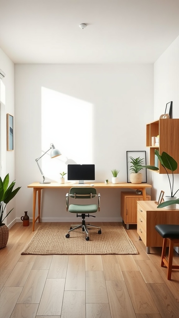 A minimalist workspace featuring a wooden desk, green chair, computer, plants, and natural lighting.