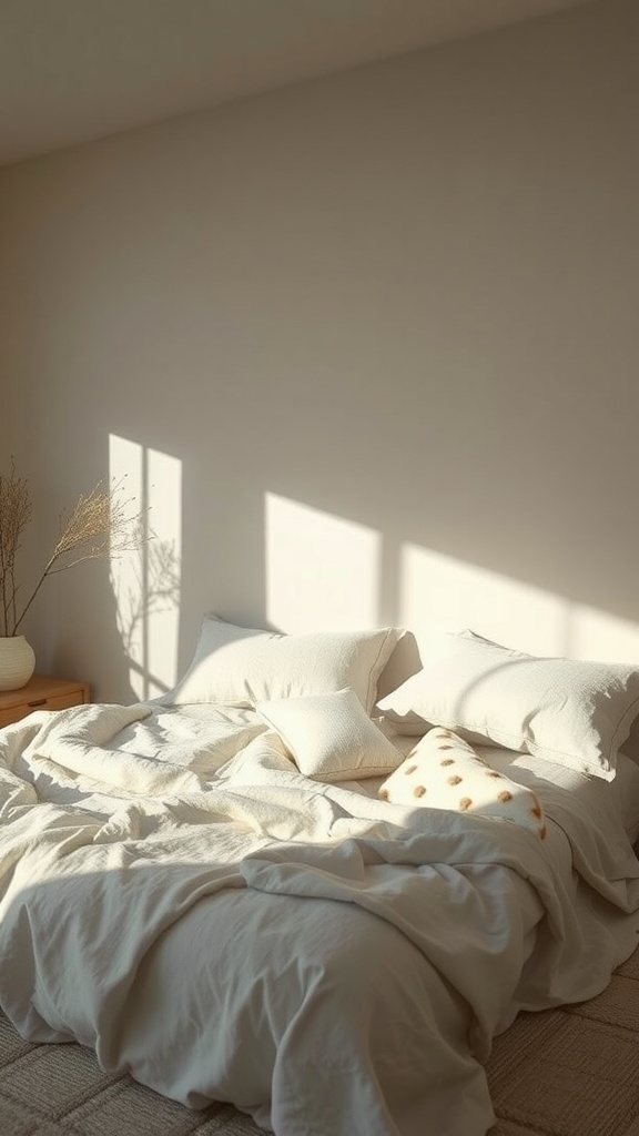 A cozy minimalist bedroom featuring a bed with textured fabrics, soft pillows, and natural light.