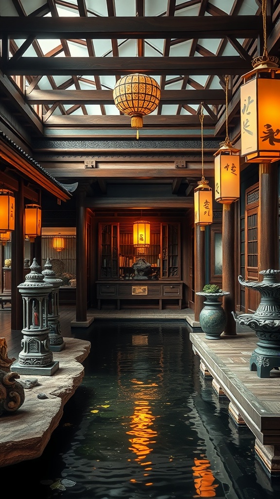 An interior view of a traditional Asian-style room featuring wooden beams, glowing lanterns, and a reflective water feature.