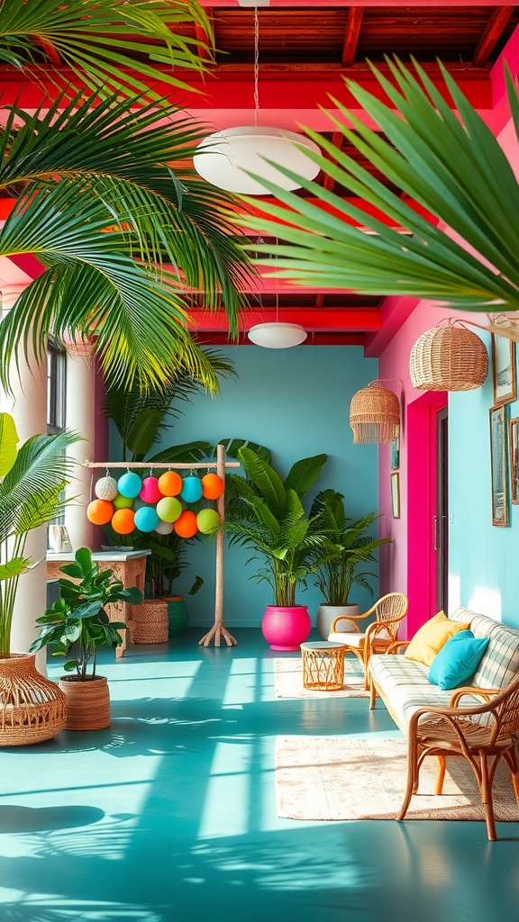 A vibrant tropical-themed living room filled with palm plants, colorful decor, and cozy seating.