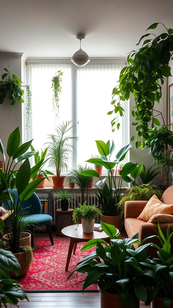 A cozy living room filled with various plants, featuring an orange couch, a blue chair, and a patterned rug, all illuminated by natural light.