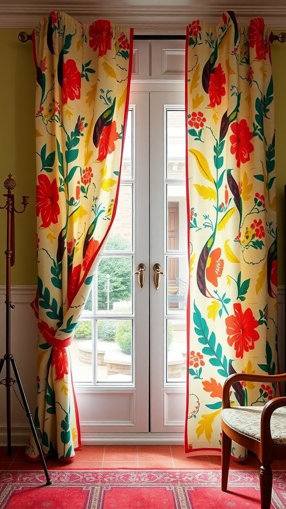 Vintage-inspired curtains with bold floral patterns framing a window