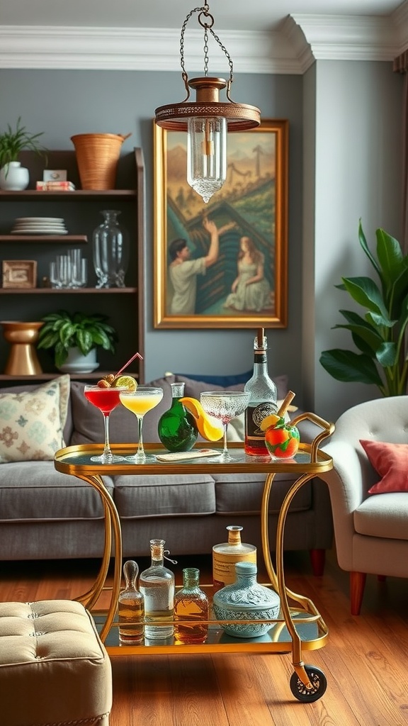 A stylish vintage bar cart with colorful drinks and bottles, set in a cozy living room