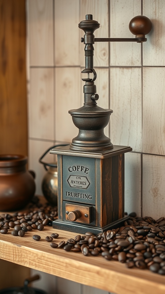 Vintage coffee grinder on a wooden shelf surrounded by coffee beans