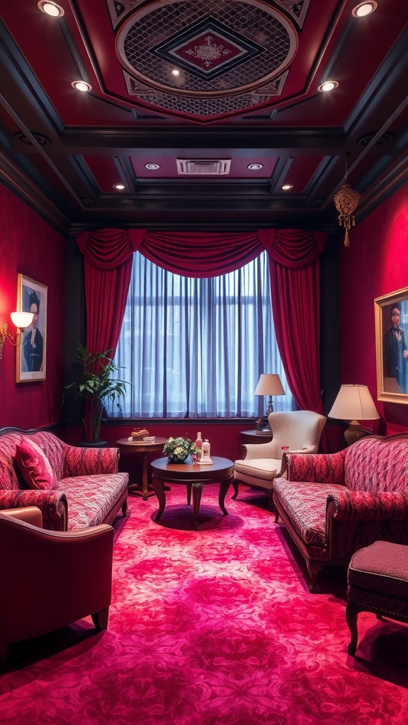 A cozy living room featuring vintage Hollywood style decor, with red walls, ornate ceiling, plush sofas, and elegant lighting.