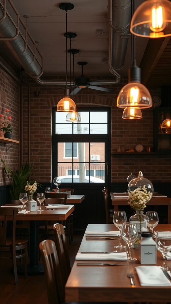 A cozy dining area featuring vintage lighting fixtures with warm filament bulbs.