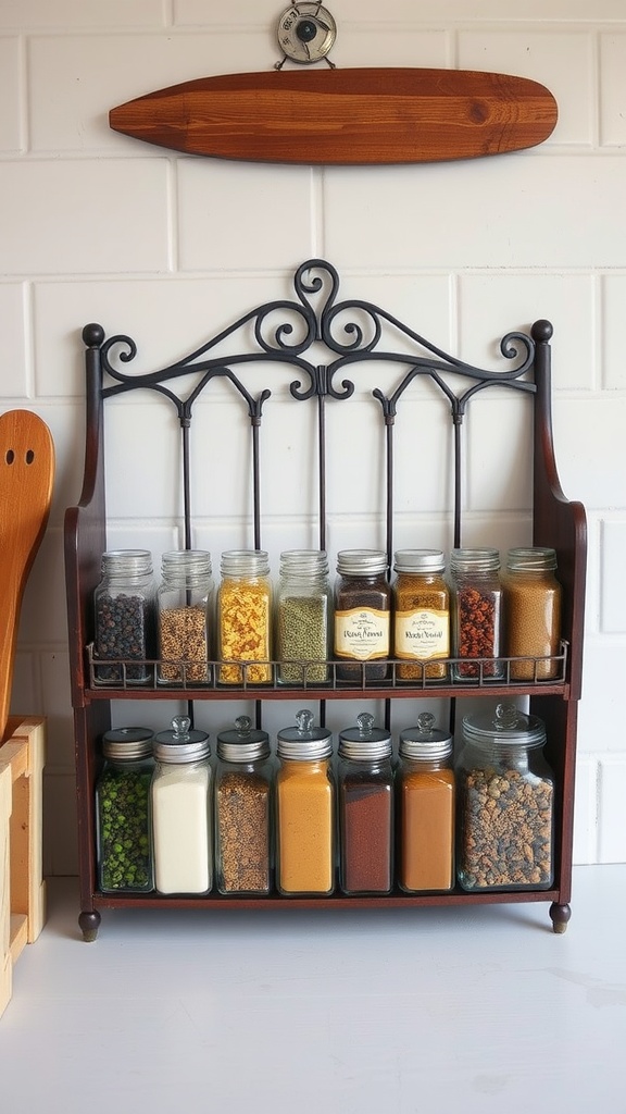 A vintage spice rack displaying an assortment of spices in glass jars with a decorative wooden piece above.