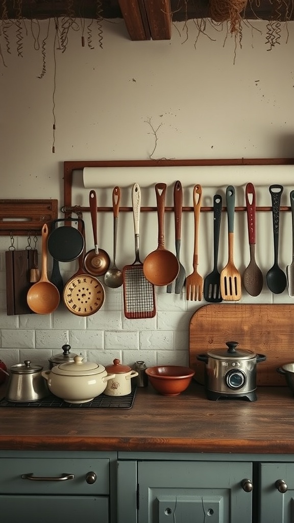 A rustic kitchen with vintage utensils hanging on the wall, showcasing a warm and inviting atmosphere.