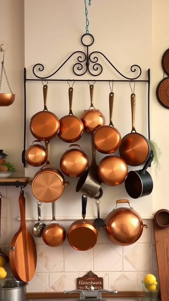 A wall-mounted pot rack with various copper and black pots hanging against a light-colored wall