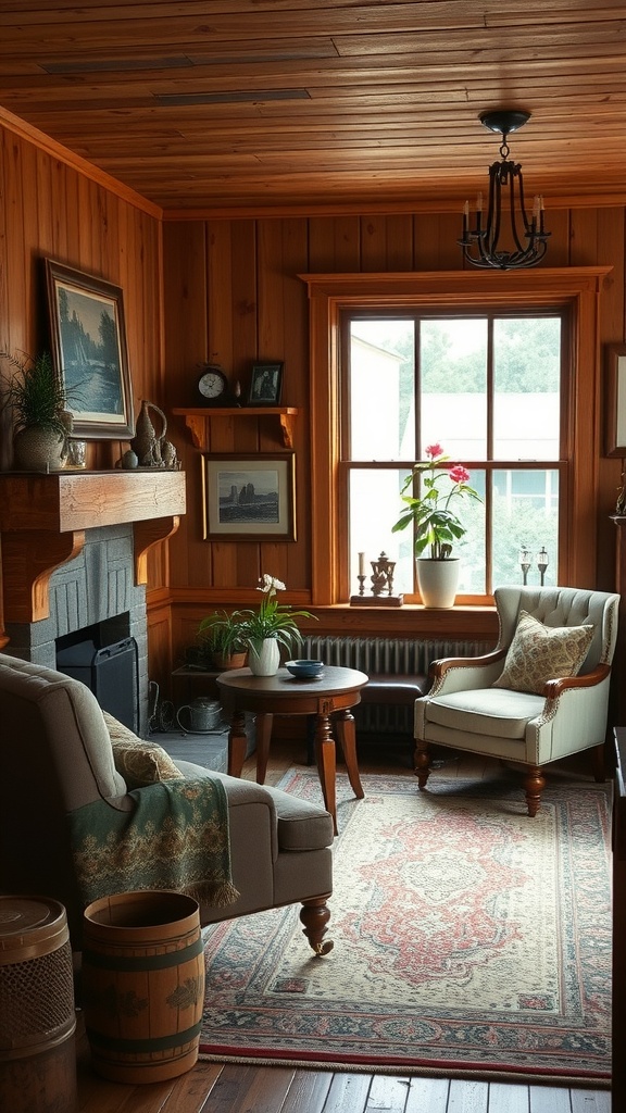 Cozy living room with wood paneling, featuring a comfortable chair, a small table, and a beautiful window view.