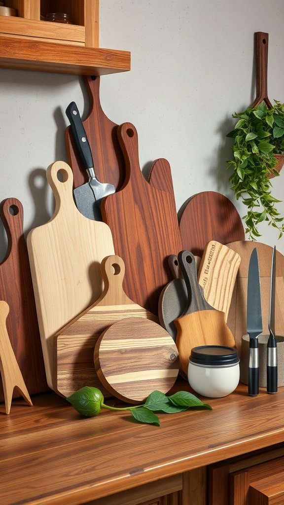 A collection of wooden cutting boards displayed on a kitchen counter with utensils and a plant.