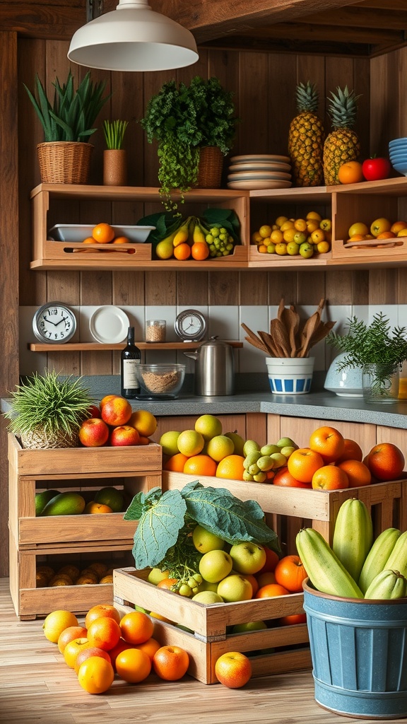 A rustic kitchen decorated with wooden fruit crates filled with colorful fruits and vegetables.