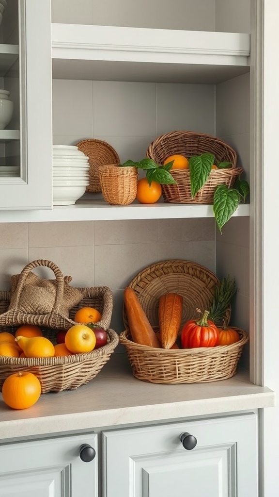 A rustic kitchen shelf with woven baskets containing fruits and vegetables, showcasing a cozy and organized storage solution.