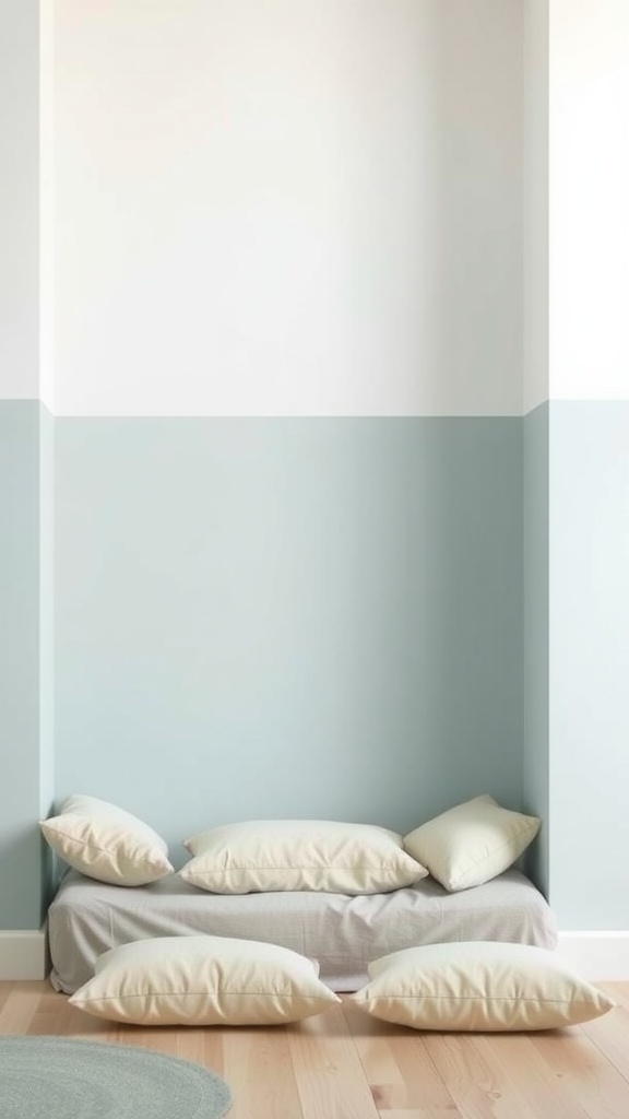 A minimalist and cozy nook with soft pillows against a light blue wall, creating a serene atmosphere.