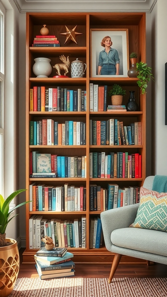 A stylish wooden bookshelf filled with colorful books, decorative items, and a plant, with a cozy chair nearby.