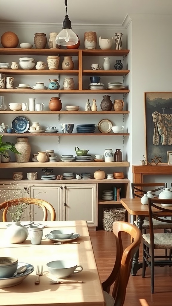 A cozy dining area with shelves featuring a variety of artisan handmade ceramics, showcasing different shapes and colors.