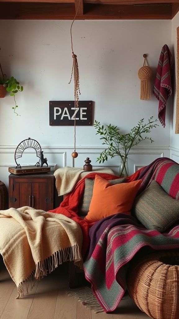 A cozy seating area featuring artisan handmade textiles with a mix of colorful blankets and pillows, a wooden sign, and plants.