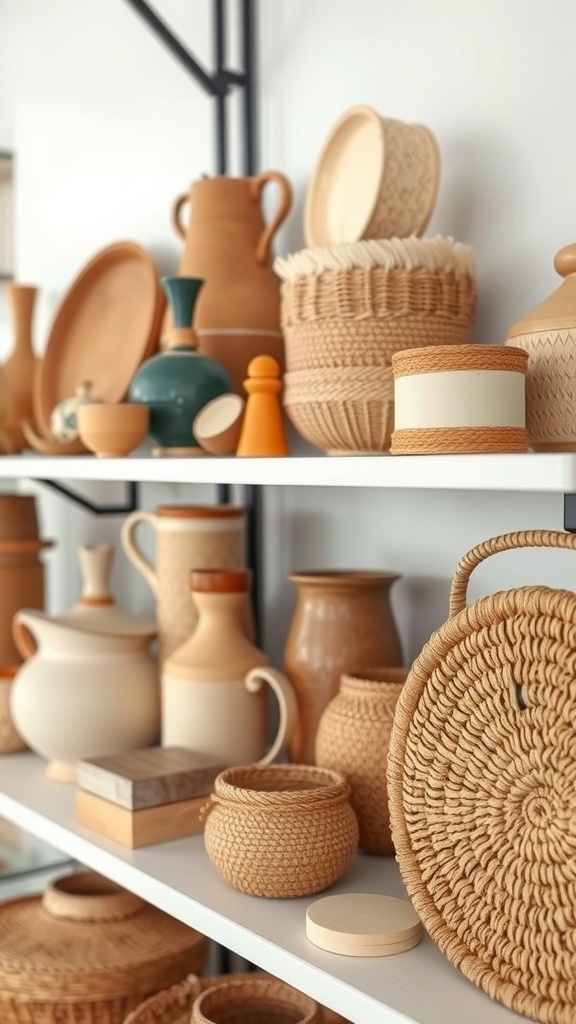 Shelves filled with various artisanal handmade pottery and woven baskets