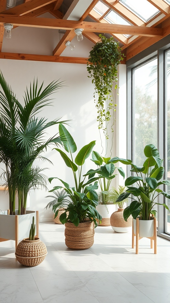 A bright room filled with various indoor plants in stylish pots, showcasing biophilic design elements.