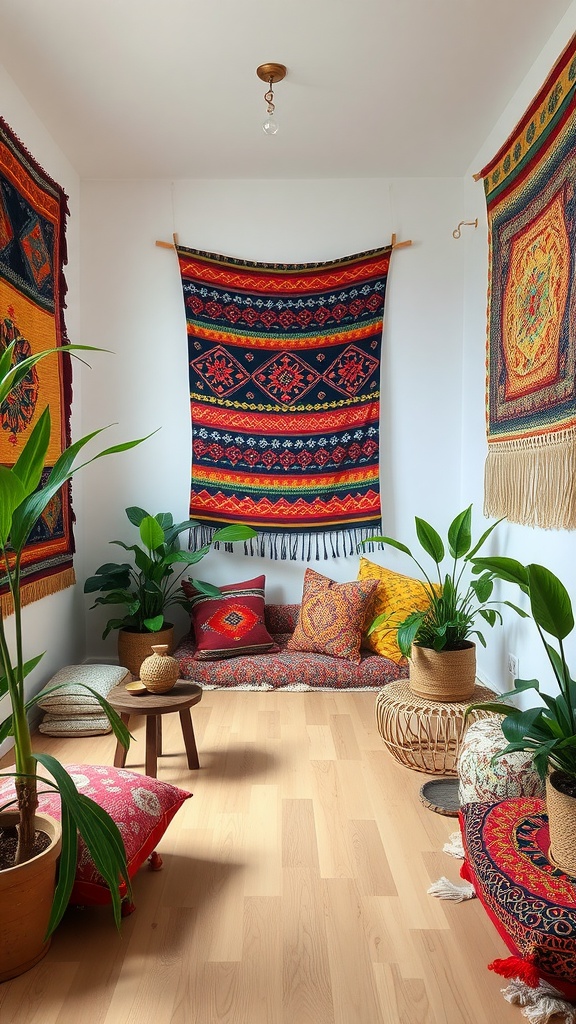 A cozy room featuring vibrant tapestries on the walls, layered cushions on the floor, and potted plants for a bohemian feel.