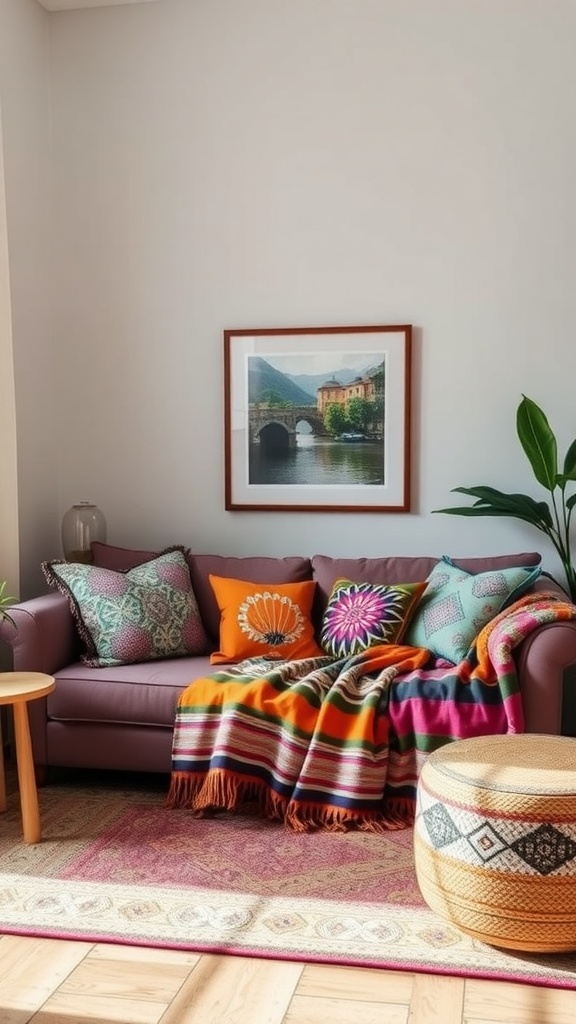 A cozy sofa with colorful cushions and a vibrant throw, showcasing boho-chic textiles in a stylish living room.