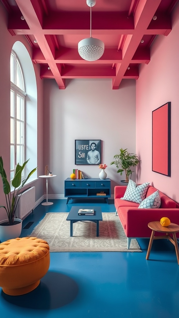 A colorful living room featuring a pink wall, red ceiling, blue furniture, and an orange pouf.