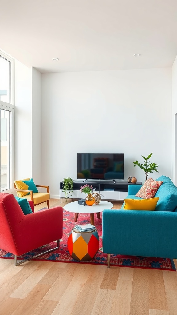 A living room featuring colorful furniture including red and teal sofas, a round coffee table, and vibrant decorative pillows.