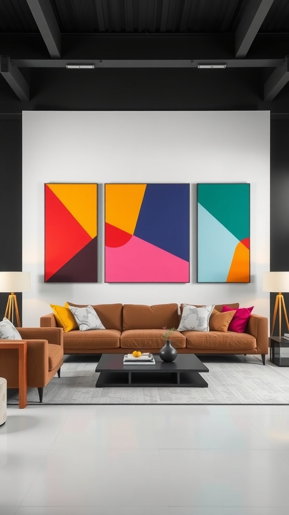 Living room with bold geometric wall art in vibrant colors, featuring a brown sofa and a black coffee table.