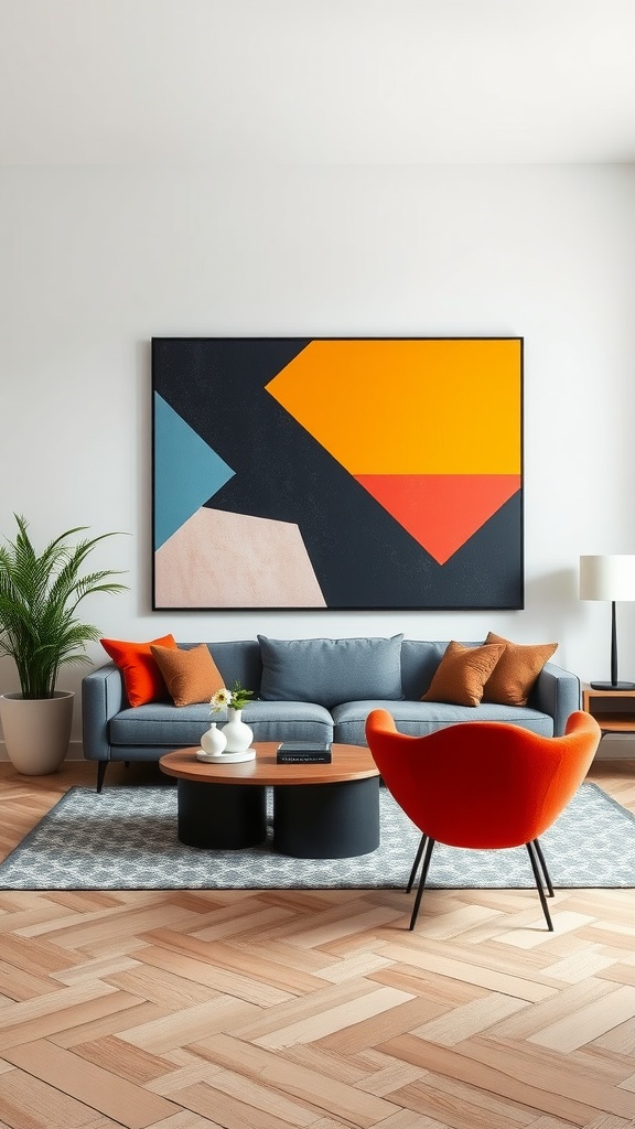 A living room featuring bold geometric wall art in vibrant colors with a gray sofa and orange chair.