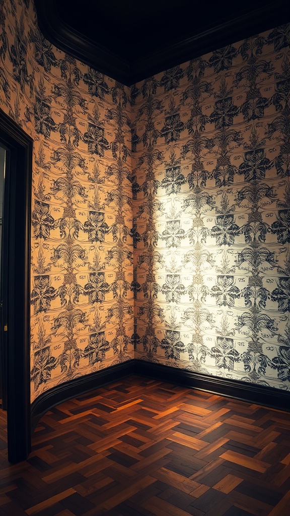 A corner of a room showcasing bold floral wallpaper with a wooden herringbone floor.