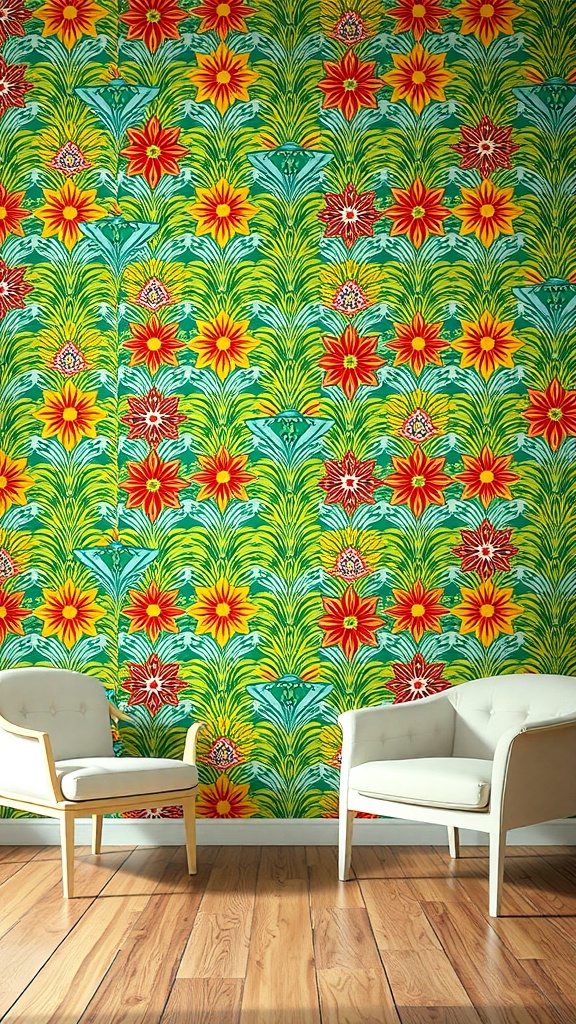 A room featuring bright floral wallpaper in yellow, red, and green, with two white chairs in front.