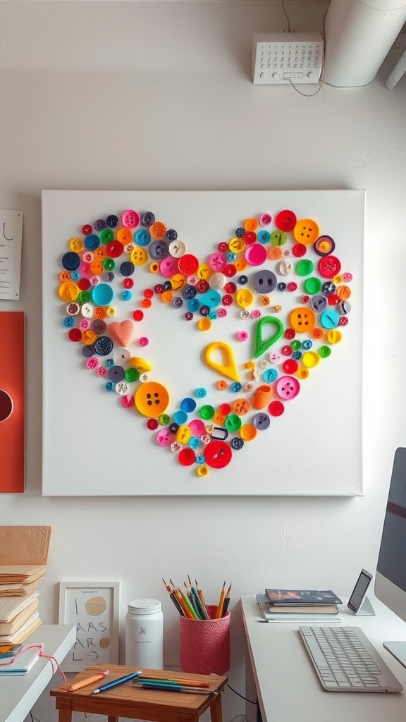 Colorful button art canvas shaped into a heart, displayed on a wall.