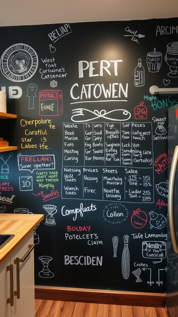 A chalkboard wall filled with colorful doodles and notes in a kitchen setting.