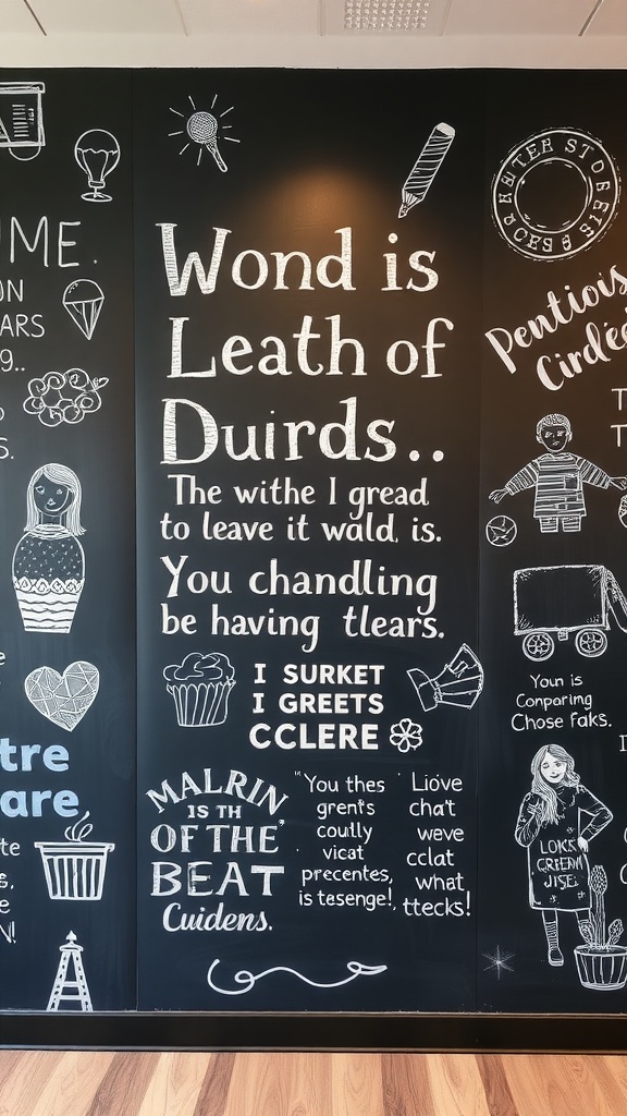 Chalkboard wall mural with playful text and drawings