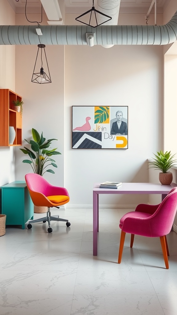 A stylish office space featuring vibrant color-block furniture, including pink chairs and a blue side table, complemented by plants and modern artwork.