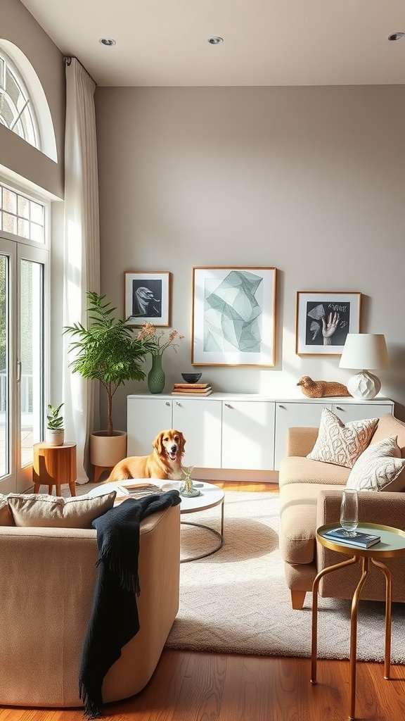 A chic living room featuring a golden retriever, stylish furniture, and plants, showcasing a pet-friendly design