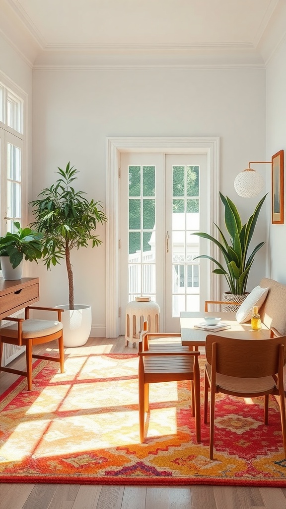 A bright living room featuring a colorful area rug with red and yellow tones, complemented by plants and light wood furniture.