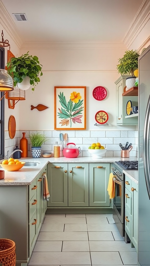 A colorful kitchen featuring green cabinets, floral artwork, and vibrant decor.