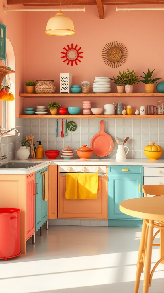 A colorful kitchen with teal and peach cabinets, yellow accents, and vibrant decor