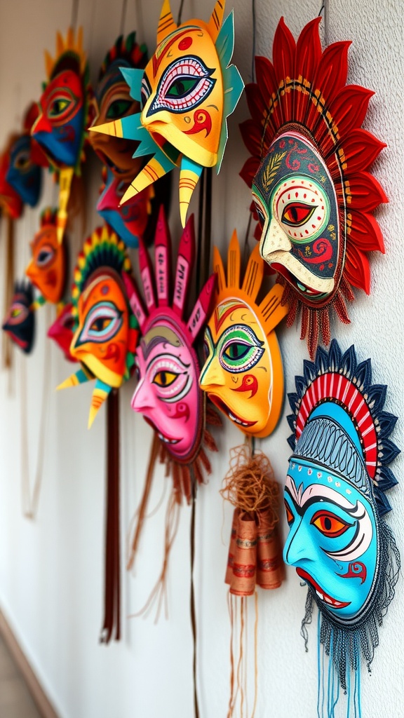 A collection of colorful paper mache masks hanging on a wall.