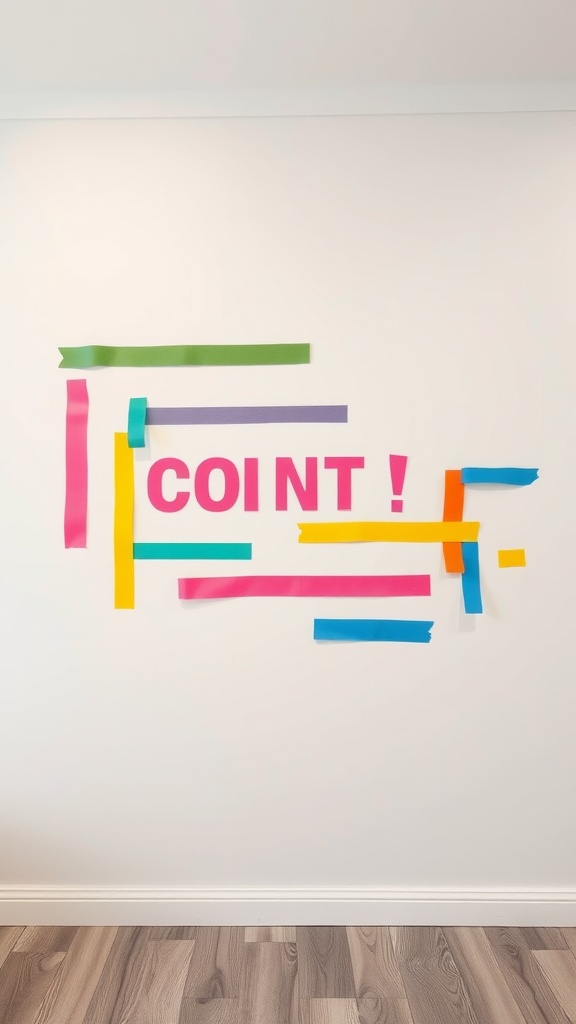 Colorful washi tape wall art spelling out 'COINT!' on a white wall.