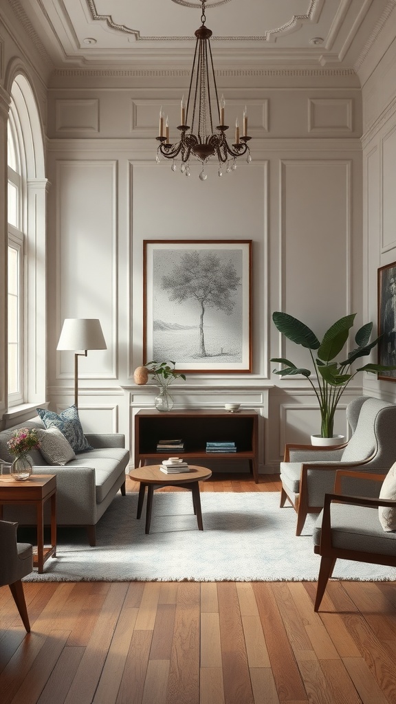 A stylish living room featuring contemporary furniture with classic accents, large windows, and a warm color palette.