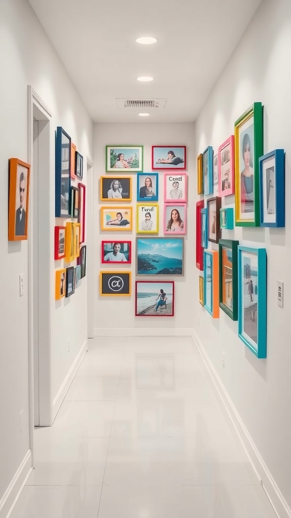 A colorful gallery wall featuring various framed pictures in a hallway.