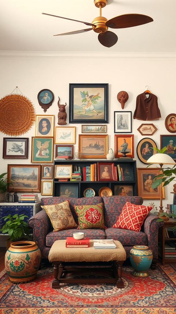 A cozy living room with a wall of framed cultural artifacts and decorative items.