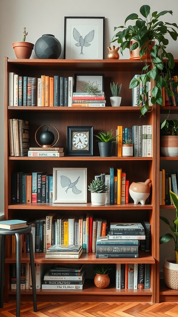 A curated bookshelf with colorful books, plants, and decorative items