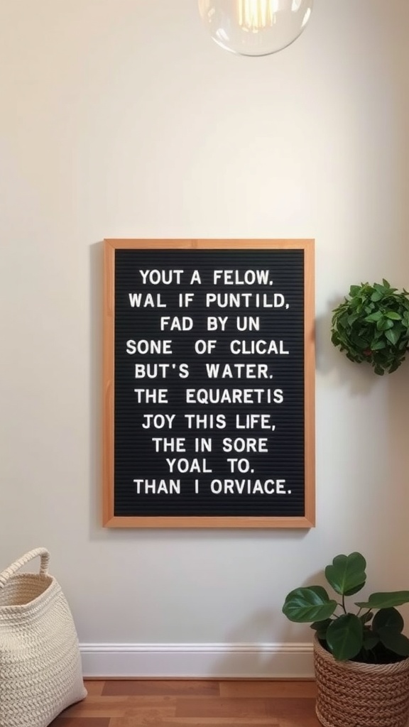 A customized letter board with playful text in a wooden frame on a wall, accompanied by a plant and a woven basket.