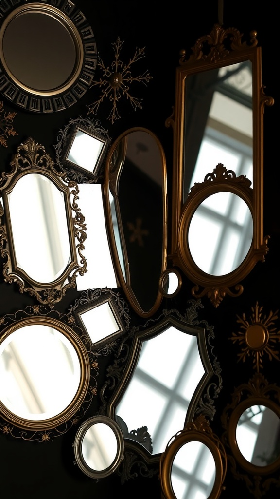 An artistic arrangement of various decorative mirrors on a dark wall